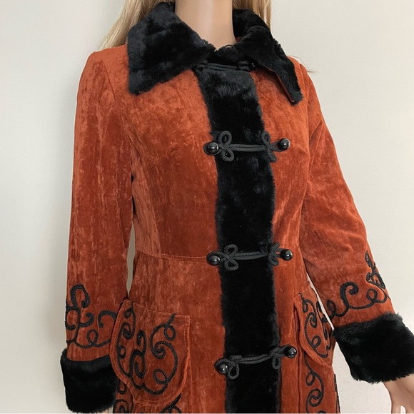 VINTAGE 70s Womens PENNY LANE Orange Crushed Velvet BOHO Jimmy Hendrix LONG COAT - Picture 5 of 8